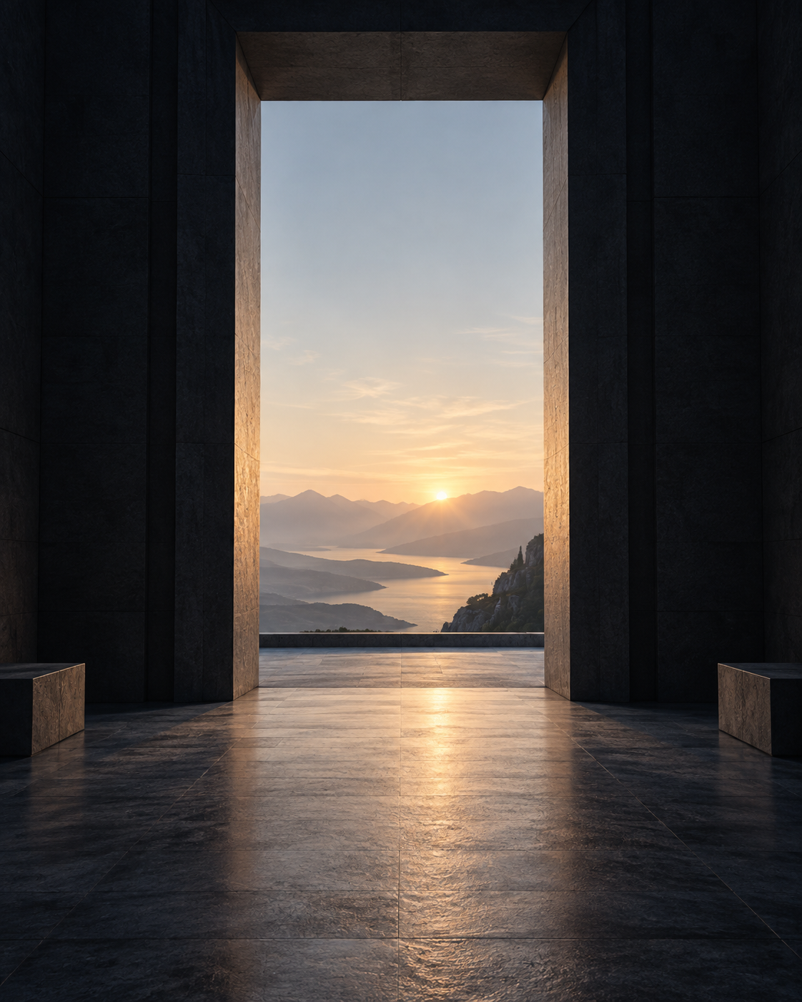 Una puerta abierta hacia un horizonte al amanecer